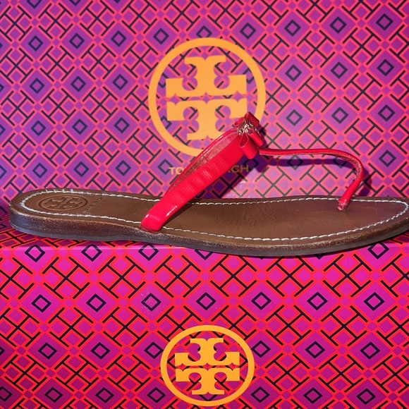 Tory Burch Red Leighanne Bow Flat Sandals 8.5 - Picture 2 of 11